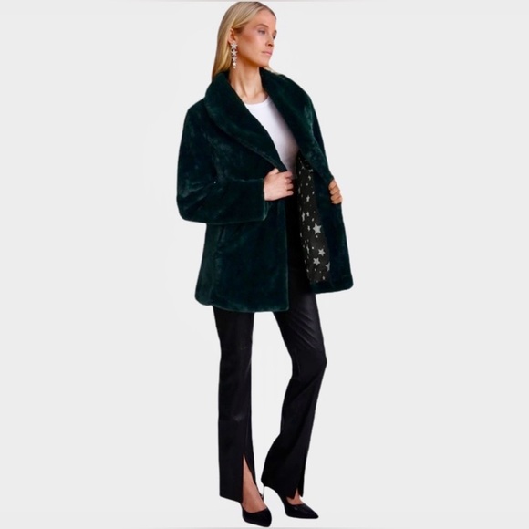 NWT Avec Les Filles Faux Fur Coat Shaw Collar Mid Length Emerald Green Sz Small - Picture 4 of 11